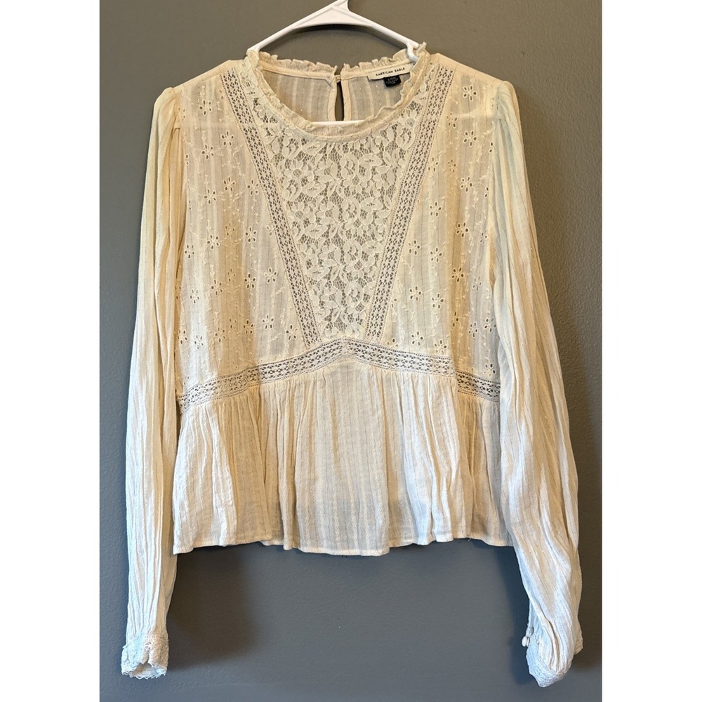 American Eagle Outfitters Ivory Boho Long Sleeve Babydoll Lace Peasant Blouse L